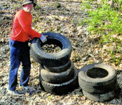 John Eberhard who has lived on Constitution Drive for 29 years helped with the clean up April 29. This is the beginning of the tire cleanup.