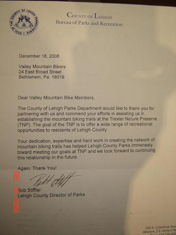 Letter from Bob Stiffler, Lehigh County Director of Parks
